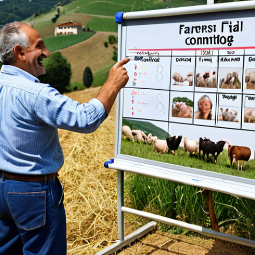 Home 11 **
**Prompt:** A bustling Italian farm scene showcasing effective internal communication. Farmers are gathered around a well-organized whiteboard displaying livestock feeding schedules, with smiles and collaborative gestures. Emphasize a positive work environment and the clear flow of information. Background: rolling hills of Piedmont, Italy.
**
