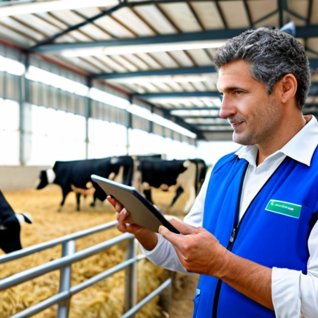 A professional Italian agronomist in clean, modest farm workwear, standing confidently in a modern, technologically advanced dairy barn. They are interacting with a digital tablet, displaying real-time data from animal health sensors. In the background, automated feeding systems are visible, and dairy cows are calmly resting in clean, well-lit stalls. The scene is high-resolution, professional photography with natural lighting and a sharp focus on innovation and animal welfare. fully clothed, appropriate attire, safe for work, perfect anatomy, correct proportions, natural pose, well-formed hands, proper finger count, natural body proportions, family-friendly.