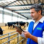 A professional Italian agronomist in clean, modest farm workwear, standing confidently in a modern, technologically advanced dairy barn. They are interacting with a digital tablet, displaying real-time data from animal health sensors. In the background, automated feeding systems are visible, and dairy cows are calmly resting in clean, well-lit stalls. The scene is high-resolution, professional photography with natural lighting and a sharp focus on innovation and animal welfare. fully clothed, appropriate attire, safe for work, perfect anatomy, correct proportions, natural pose, well-formed hands, proper finger count, natural body proportions, family-friendly.