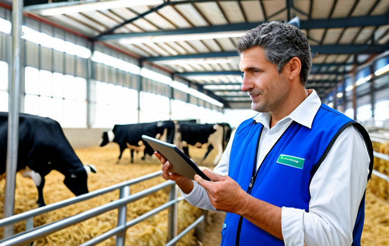 A professional Italian agronomist in clean, modest farm workwear, standing confidently in a modern, technologically advanced dairy barn. They are interacting with a digital tablet, displaying real-time data from animal health sensors. In the background, automated feeding systems are visible, and dairy cows are calmly resting in clean, well-lit stalls. The scene is high-resolution, professional photography with natural lighting and a sharp focus on innovation and animal welfare. fully clothed, appropriate attire, safe for work, perfect anatomy, correct proportions, natural pose, well-formed hands, proper finger count, natural body proportions, family-friendly.