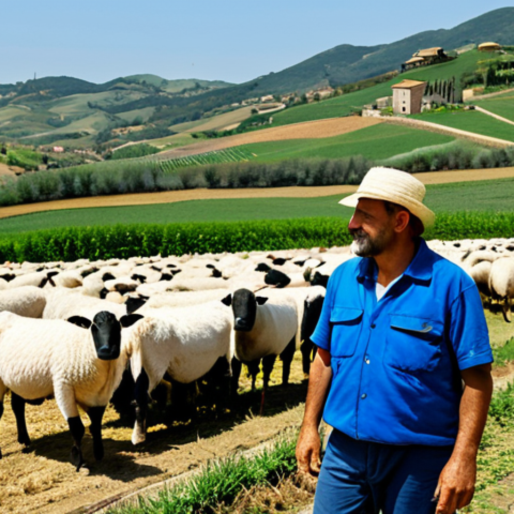 **A professional Italian farmer,** fully clothed in appropriate work attire, inspecting a field of healthy livestock. Background includes rolling hills and a traditional farmhouse in Tuscany.  Perfect anatomy, natural pose, safe for work, appropriate content, modest, family-friendly, high resolution.