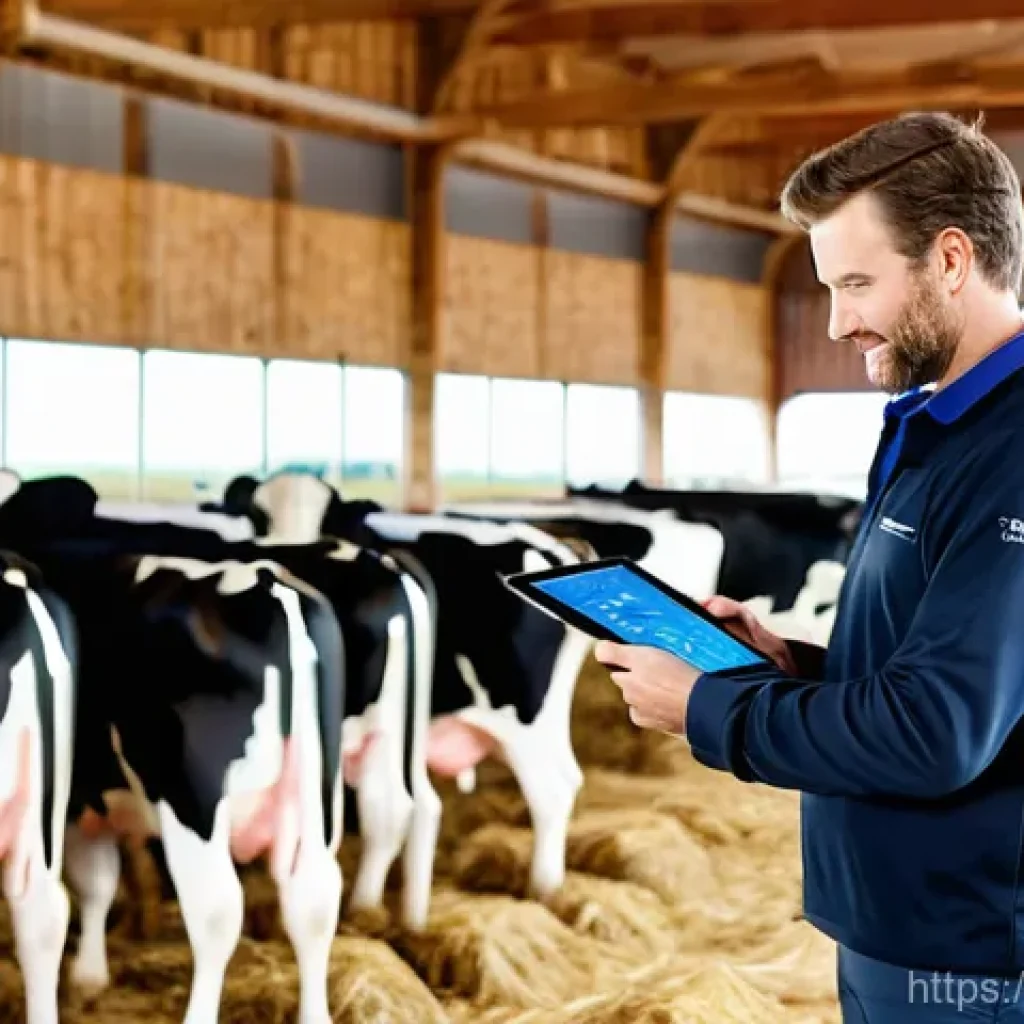 축산업 직업 전망 - 0" (digital farm manager), a person in their late 30s, male or female, dressed in clean, practical w...