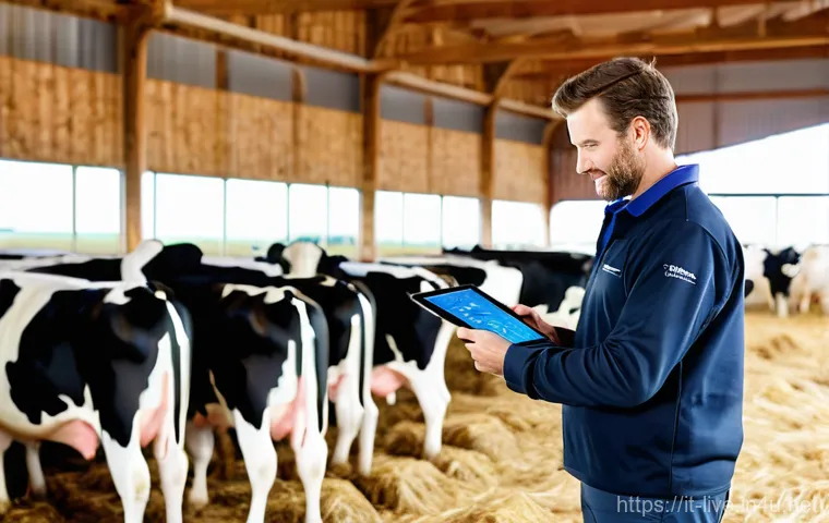 축산업 직업 전망 - 0" (digital farm manager), a person in their late 30s, male or female, dressed in clean, practical w...
