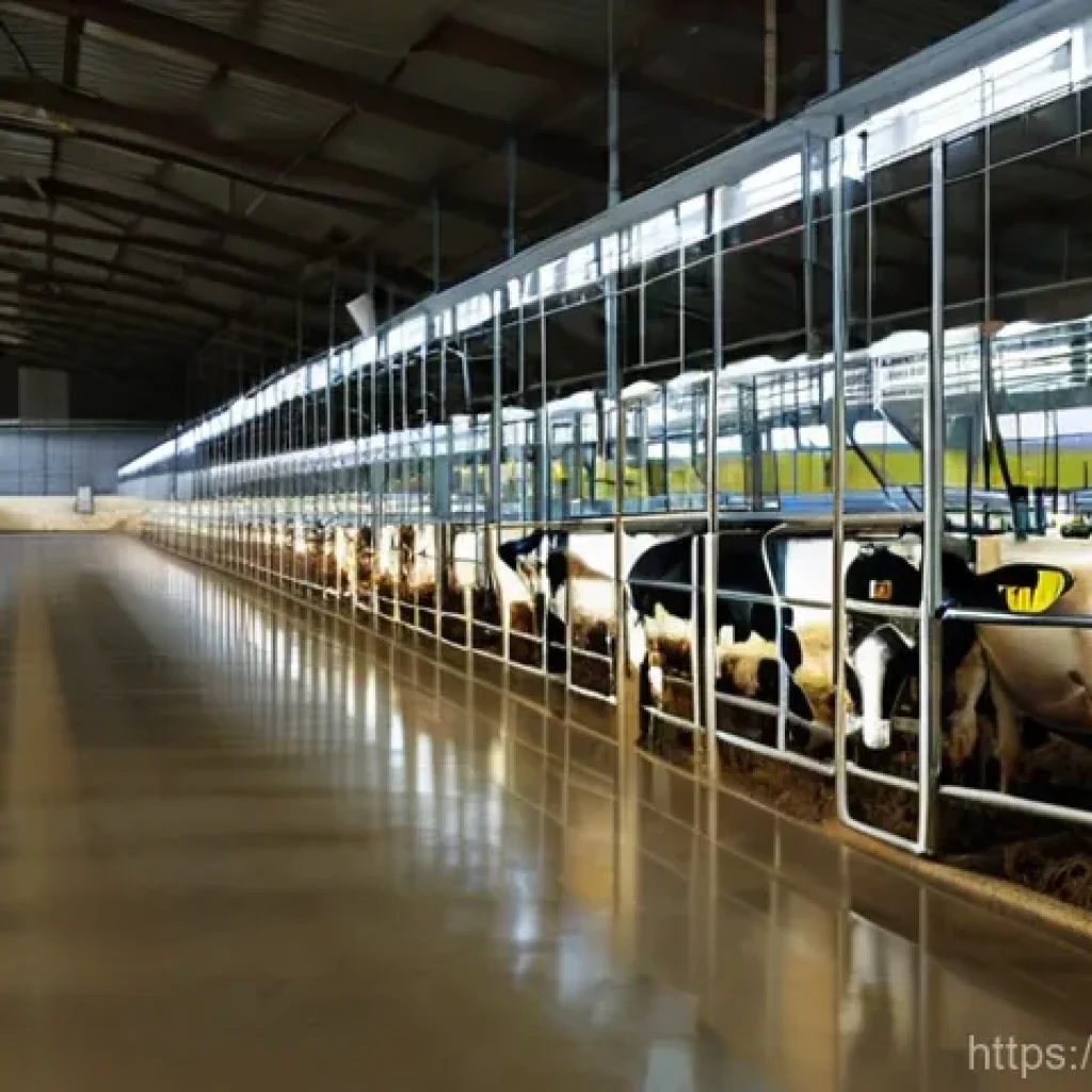 축산업 실무와 학문 연계성 - **Prompt:** A clean, brightly lit, modern Italian dairy farm interior. Healthy, well-groomed dairy c...