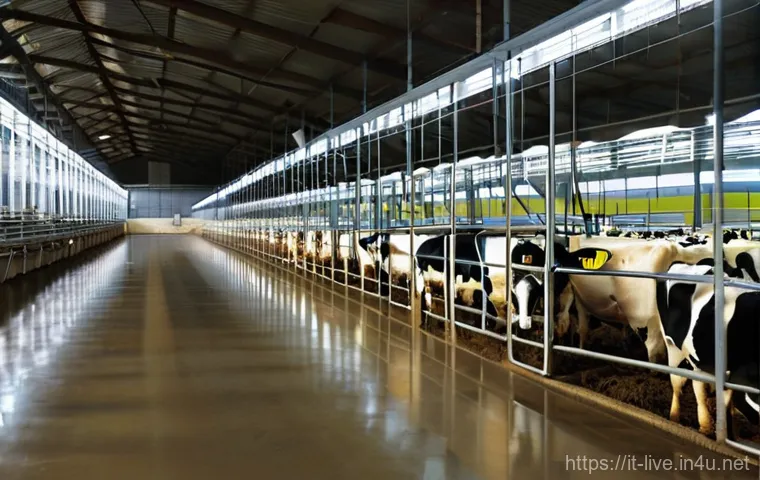 축산업 실무와 학문 연계성 - **Prompt:** A clean, brightly lit, modern Italian dairy farm interior. Healthy, well-groomed dairy c...