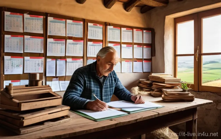 축산업 자격증 유지 비용 - **Prompt:** A focused, middle-aged Italian farmer, wearing practical but tidy work attire such as a ...