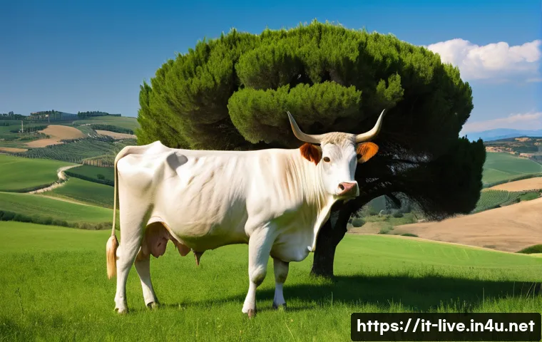 축산업 축종별 특성 비교 - **Image Prompt 1: Majestic Chianina Cow in Val d'Orcia**
A grand, pristine white Chianina cow st...