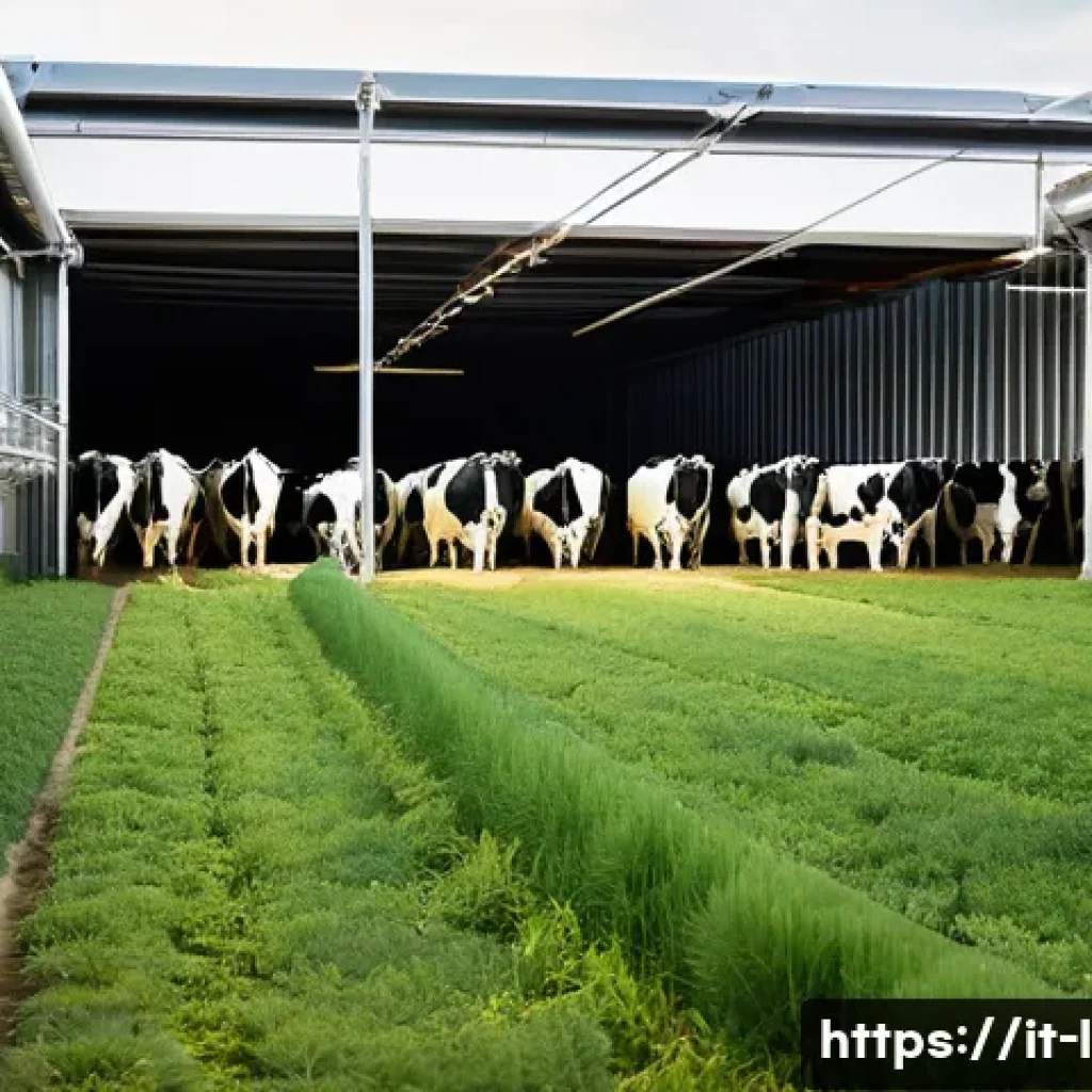 축산업 농장 자동화 기술 - **A Farmer's Harmony with Automation on an Italian Smart Farm**
    A wide shot inside a bright, mod...