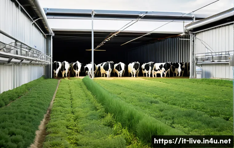 축산업 농장 자동화 기술 - **A Farmer's Harmony with Automation on an Italian Smart Farm**
    A wide shot inside a bright, mod...