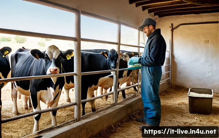축산업 실기 시험 대비법 - A detailed and realistic farm scene showing a young Italian livestock caretaker attentively observin...