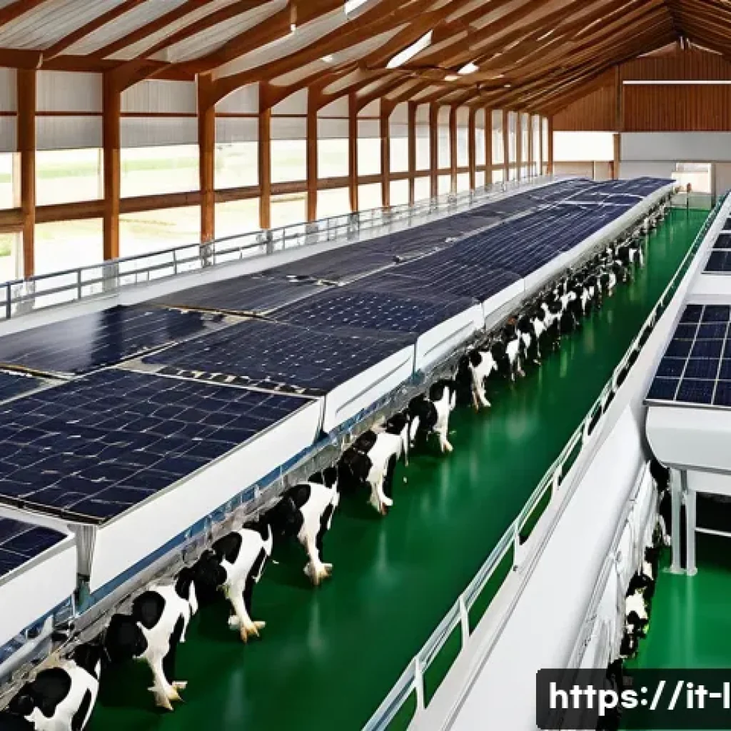 축산업 업계 전망 분석 - A modern dairy farm scene featuring an advanced robotic milking system in operation. The setting is ...