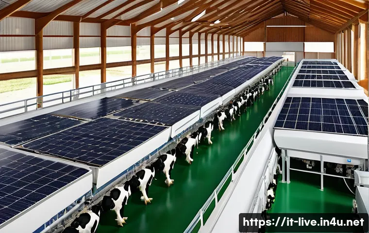 축산업 업계 전망 분석 - A modern dairy farm scene featuring an advanced robotic milking system in operation. The setting is ...
