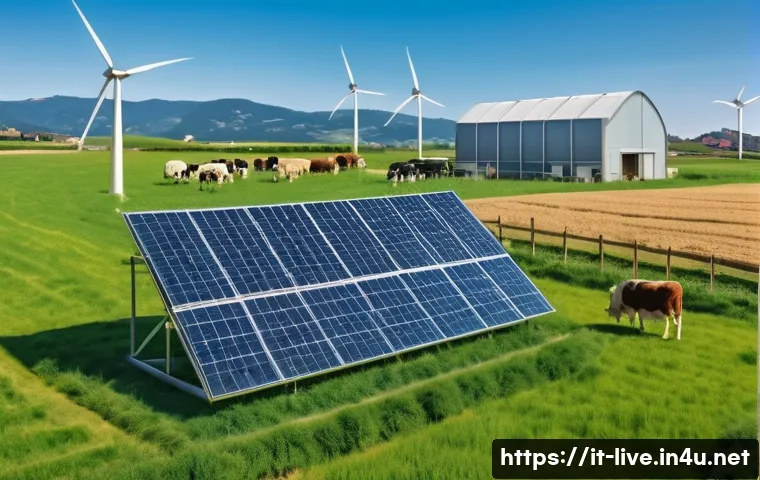 축산업 실무 경진대회 후기 - A detailed scene of a modern sustainable livestock farm in Italy, showcasing eco-friendly farming pr...