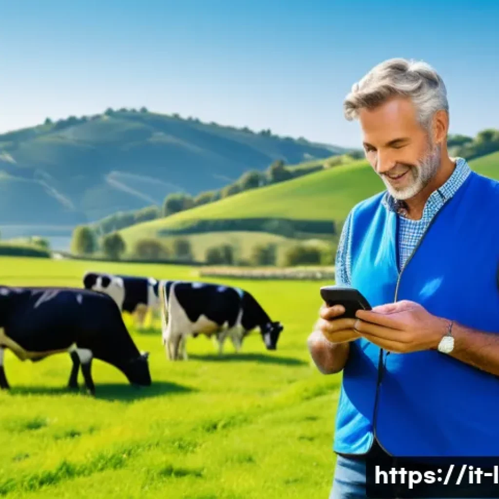 축산업 자격증 학습 앱 추천 - A modern Italian farmer using a smartphone app outdoors on a sunny day, surrounded by a well-maintai...