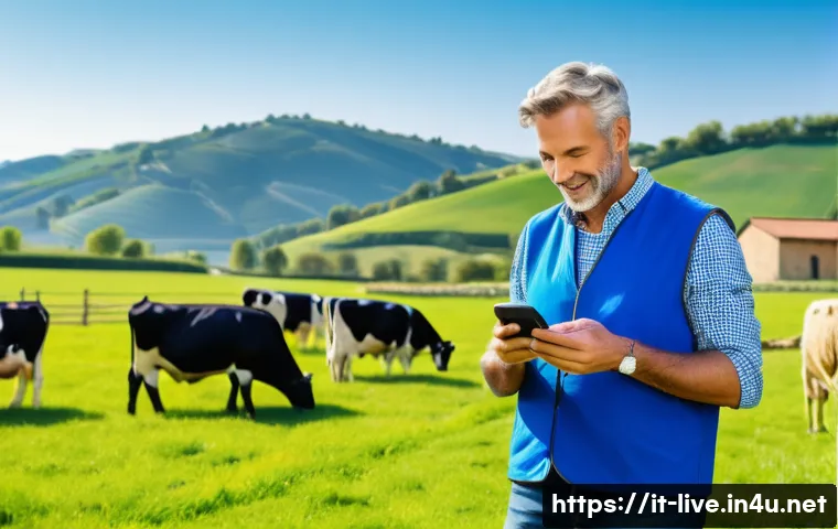 축산업 자격증 학습 앱 추천 - A modern Italian farmer using a smartphone app outdoors on a sunny day, surrounded by a well-maintai...