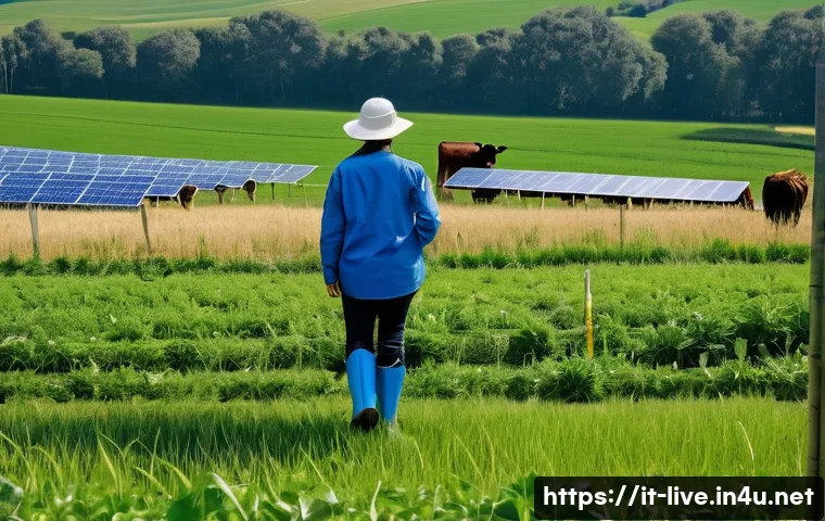 축산업 실습 성공 사례 - A modern sustainable livestock farm scene during daytime, featuring a young female intern wearing pr...