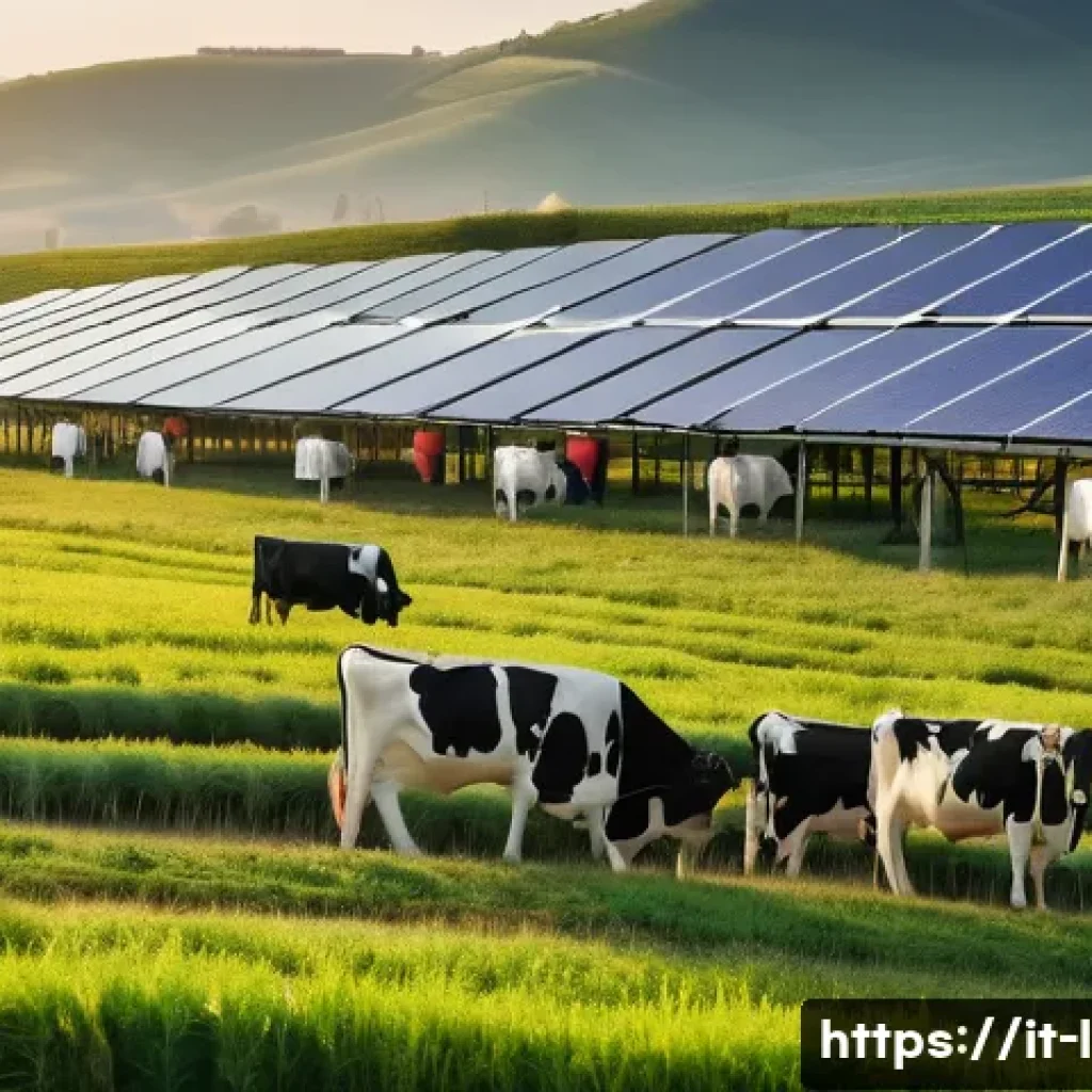축산업 최신 기술 트렌드 - A modern Italian dairy farm scene at sunrise featuring cows equipped with smart sensors visibly atta...
