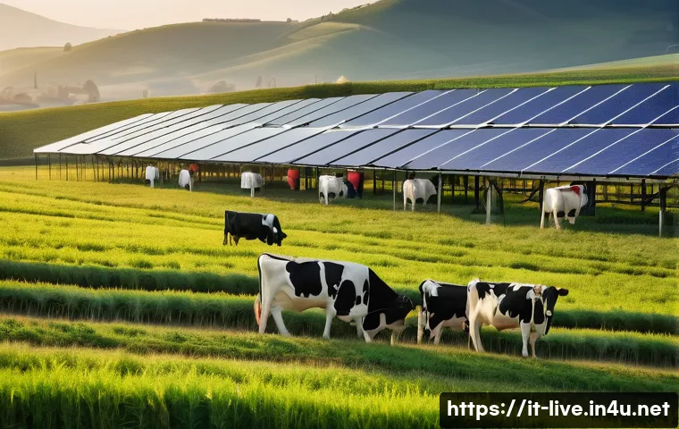 축산업 최신 기술 트렌드 - A modern Italian dairy farm scene at sunrise featuring cows equipped with smart sensors visibly atta...