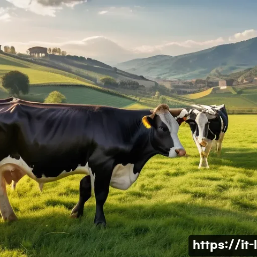 축산업 관련 학과 소개 - A modern sustainable dairy farm scene in Italy during golden hour, featuring healthy Holstein cows g...