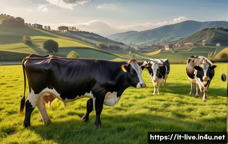 축산업 관련 학과 소개 - A modern sustainable dairy farm scene in Italy during golden hour, featuring healthy Holstein cows g...