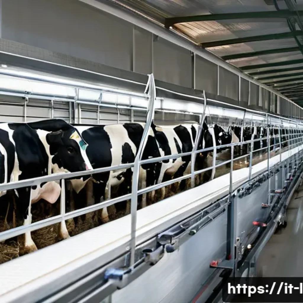 축산업 관련 정부 지원 제도 - A modern Italian dairy farm interior featuring advanced automated milking machines and smart feeding...