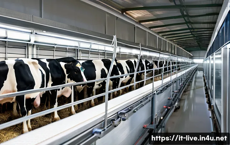 축산업 관련 정부 지원 제도 - A modern Italian dairy farm interior featuring advanced automated milking machines and smart feeding...