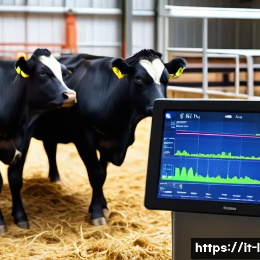 축산업 주요 도구와 장비 - A modern livestock farm scene showcasing digital monitoring technology: close-up of cows wearing wea...