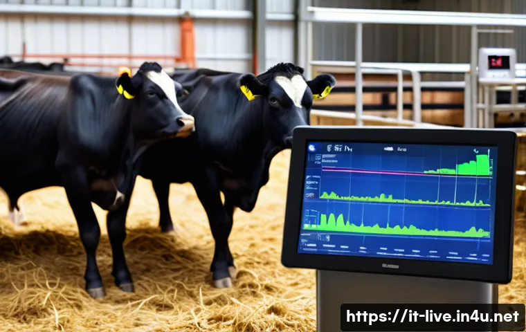 축산업 주요 도구와 장비 - A modern livestock farm scene showcasing digital monitoring technology: close-up of cows wearing wea...