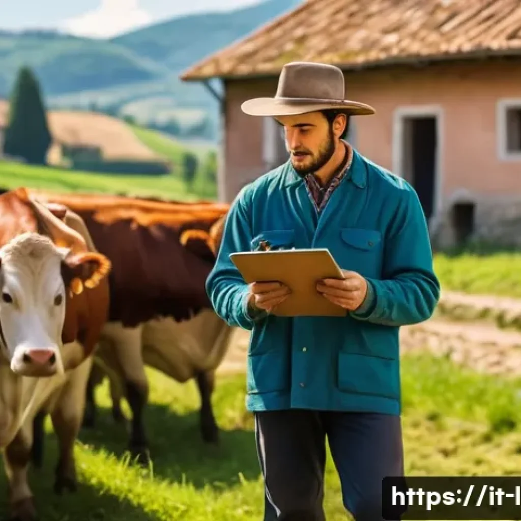축산업 경력 쌓는 방법 - A young Italian livestock farmer working on a sunny day in a traditional Italian cattle farm, wearin...