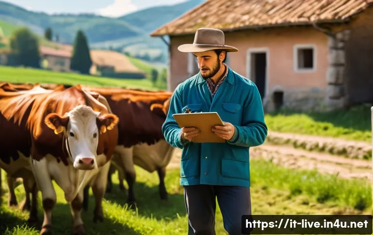 축산업 경력 쌓는 방법 - A young Italian livestock farmer working on a sunny day in a traditional Italian cattle farm, wearin...