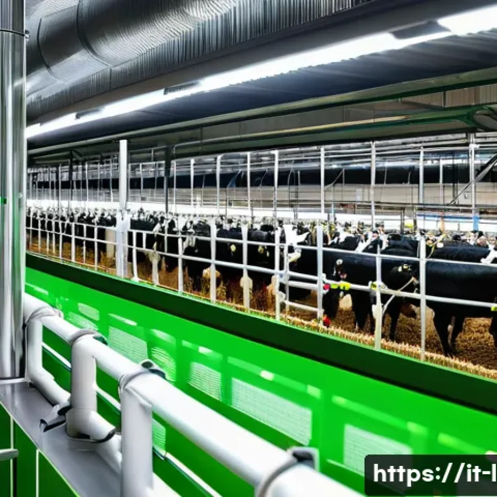 축산업 실무에서 필요한 기술 - A modern dairy farm scene showcasing automated feeding systems with digital ration balancing, roboti...