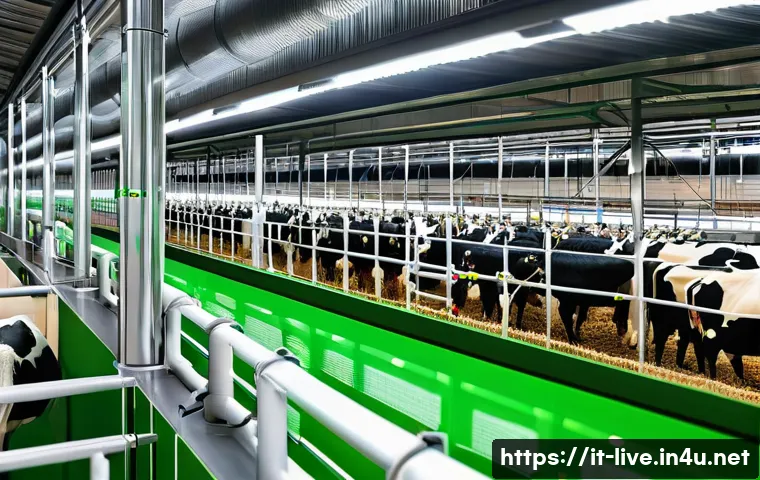 축산업 실무에서 필요한 기술 - A modern dairy farm scene showcasing automated feeding systems with digital ration balancing, roboti...