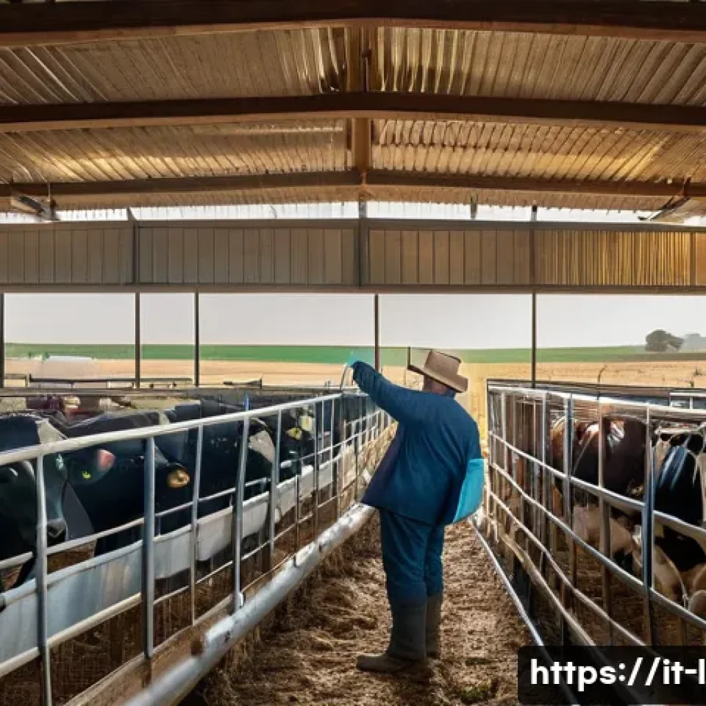 축산업 현장 실습 이야기 - A detailed scene of a modern Italian livestock farm at sunrise, showing a skilled farmer interacting...