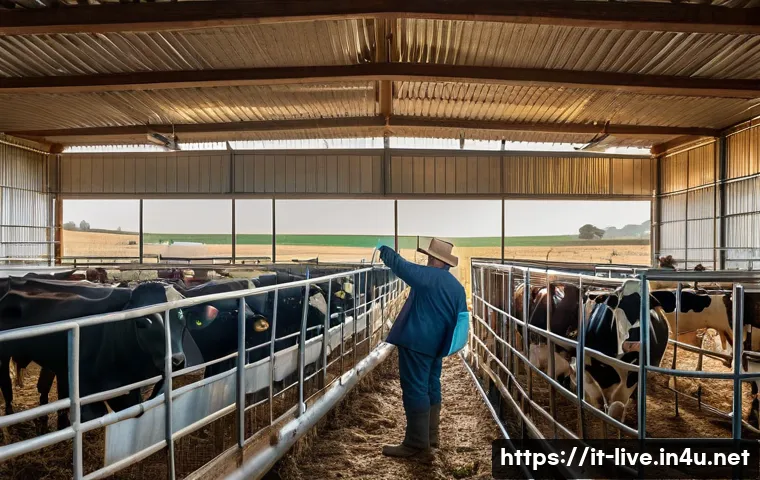 축산업 현장 실습 이야기 - A detailed scene of a modern Italian livestock farm at sunrise, showing a skilled farmer interacting...