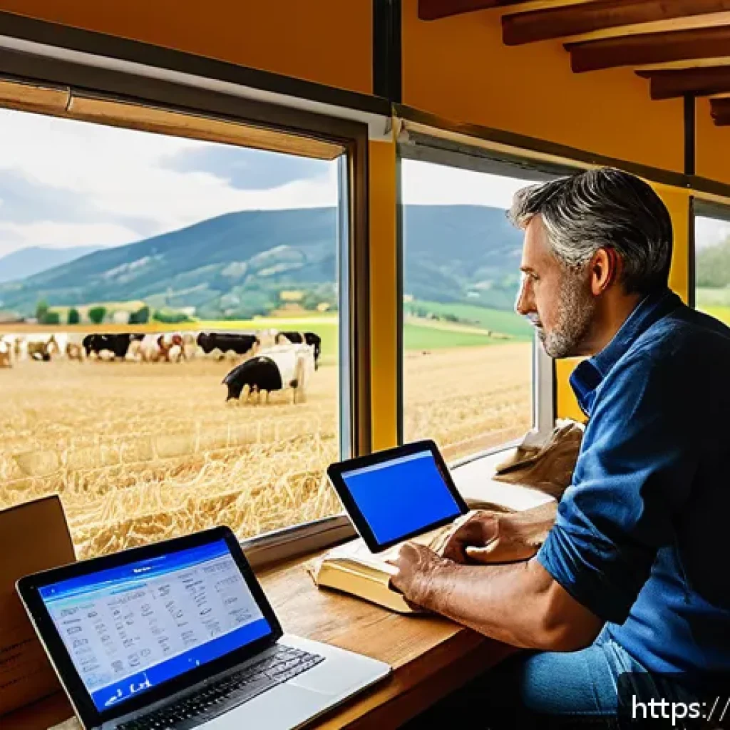 축산업 자격증 갱신 방법 - A modern Italian livestock farm office scene focused on digital document management: a middle-aged I...