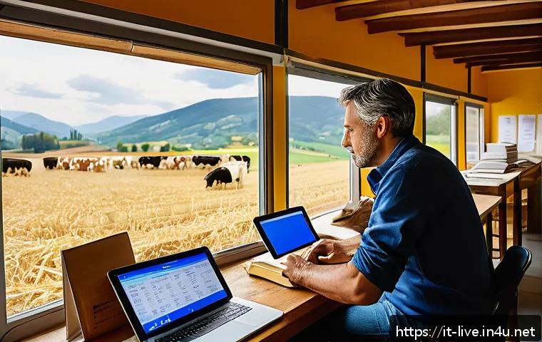 축산업 자격증 갱신 방법 - A modern Italian livestock farm office scene focused on digital document management: a middle-aged I...