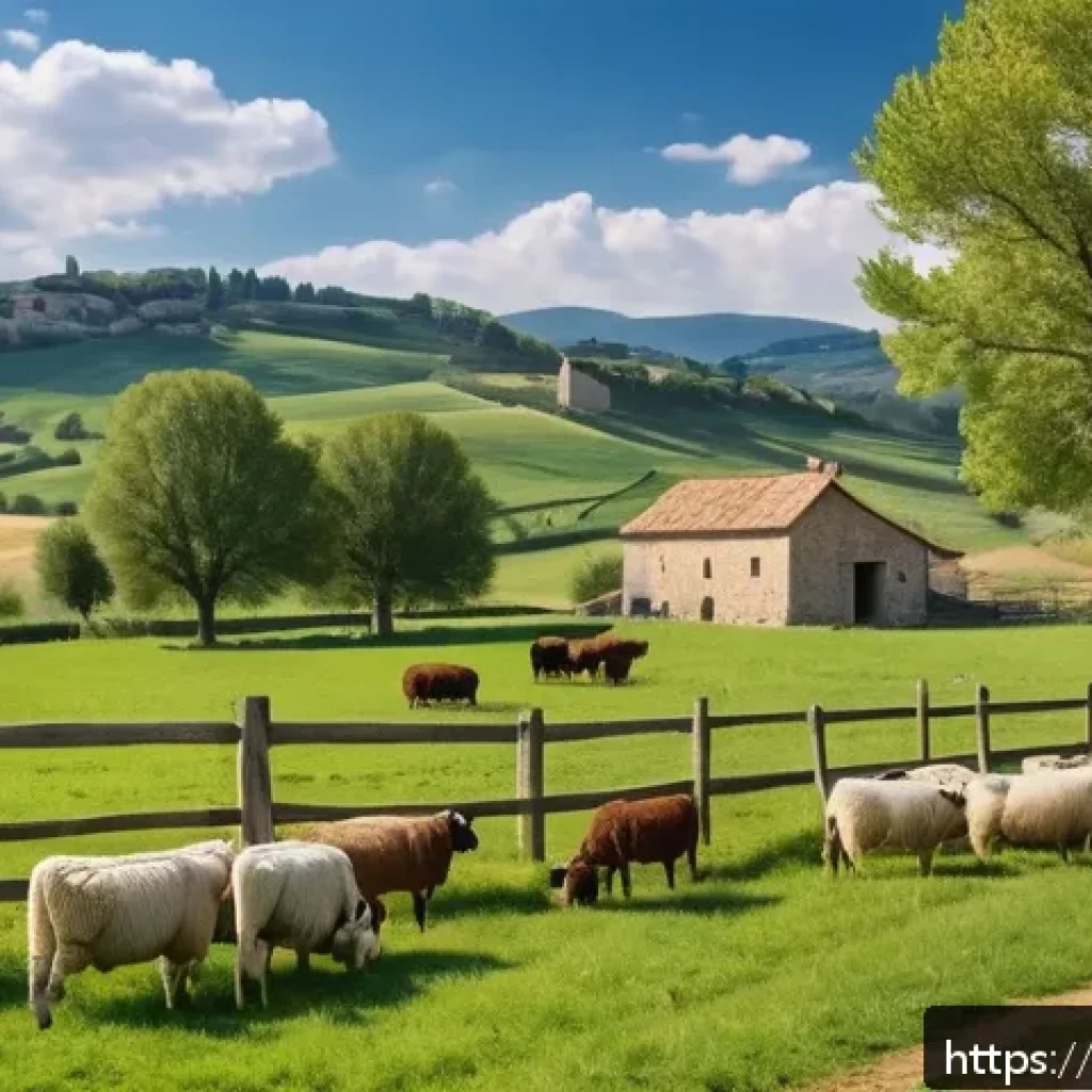 축산업 관련 법적 분쟁 해결법 - A serene rural Italian farm scene during daylight, showing a small-scale livestock farm with clearly...