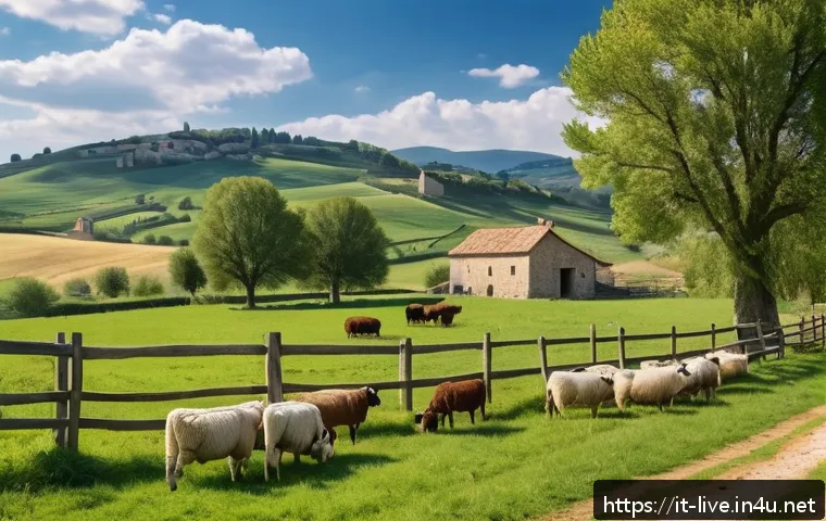 축산업 관련 법적 분쟁 해결법 - A serene rural Italian farm scene during daylight, showing a small-scale livestock farm with clearly...