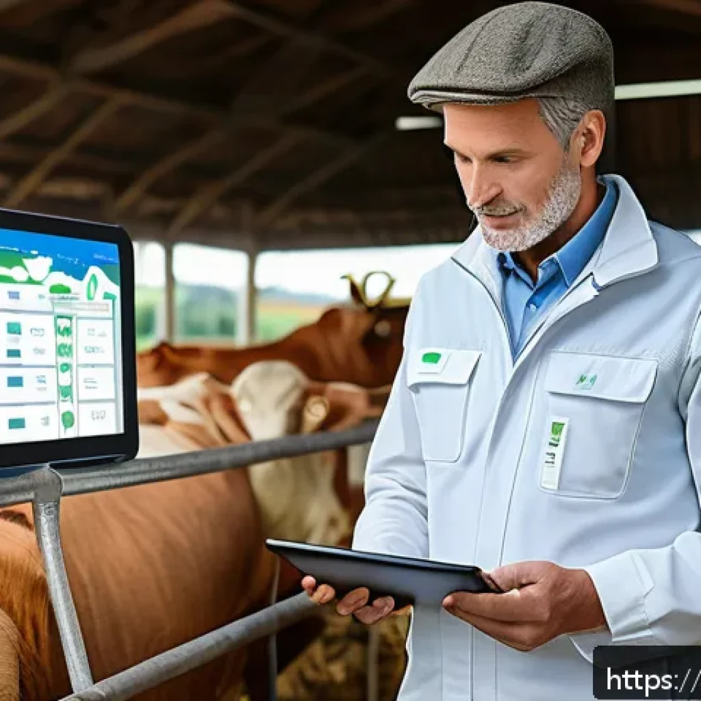축산업 면접 준비 팁 - A modern Italian livestock farm scene during daytime, showcasing advanced digital monitoring technol...