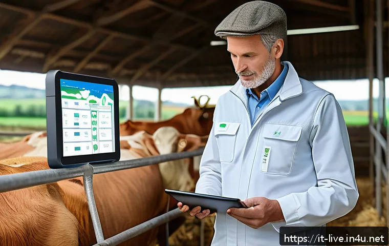 축산업 면접 준비 팁 - A modern Italian livestock farm scene during daytime, showcasing advanced digital monitoring technol...