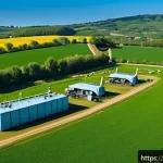 축산업 관련 행사 및 세미나 - A modern sustainable livestock farm in the Italian countryside during spring, featuring healthy cows...