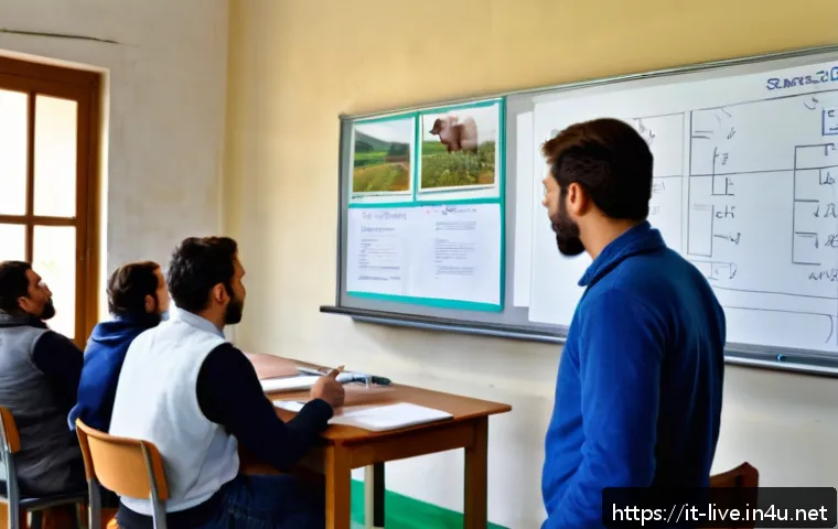 축산업 자격증 난이도 분석 - A professional agricultural training classroom scene in Italy, showing diverse adult students attent...