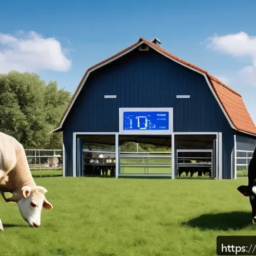 축산업 현장 소통 기술 - A modern Italian livestock farm scene showcasing wearable sensors on animals such as cows and sheep,...