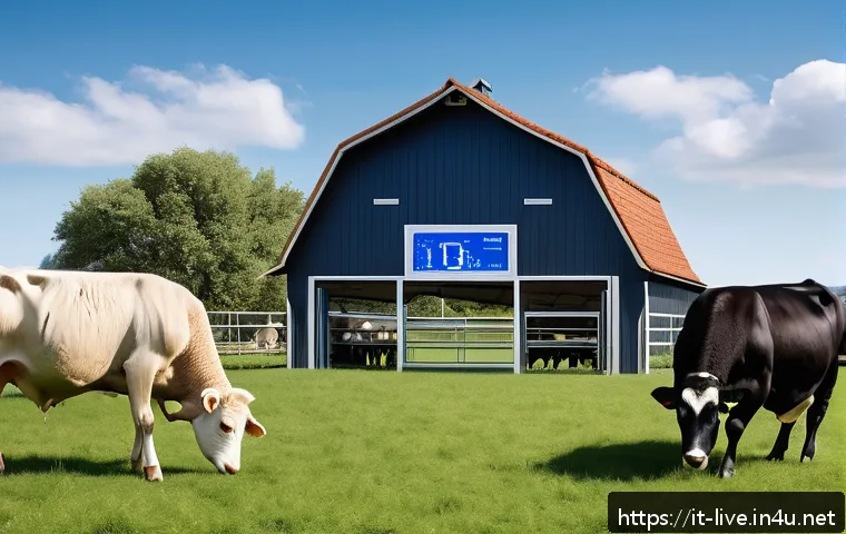 축산업 현장 소통 기술 - A modern Italian livestock farm scene showcasing wearable sensors on animals such as cows and sheep,...