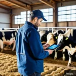 축산업 업무일지 작성법 - A detailed scene of a modern dairy farm worker filling out a daily work diary on a digital tablet wh...