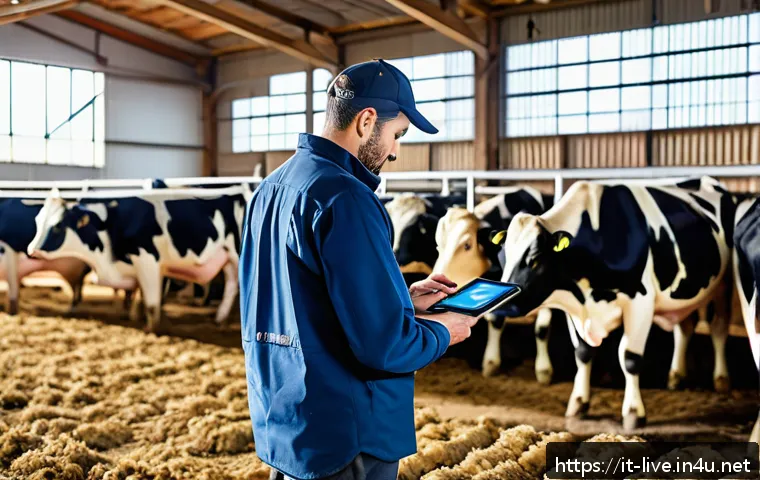 축산업 업무일지 작성법 - A detailed scene of a modern dairy farm worker filling out a daily work diary on a digital tablet wh...