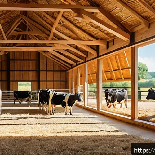 축산업 사육 환경 개선법 - A spacious, modern Italian cattle barn designed with separate zones for resting, feeding, and moveme...