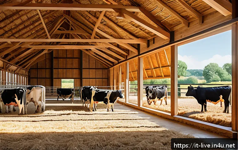 축산업 사육 환경 개선법 - A spacious, modern Italian cattle barn designed with separate zones for resting, feeding, and moveme...