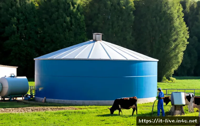 축산업 환경 보호 사례 - Photorealistic Italian dairy farm in the Emilia-Romagna countryside using an anaerobic digester for ...