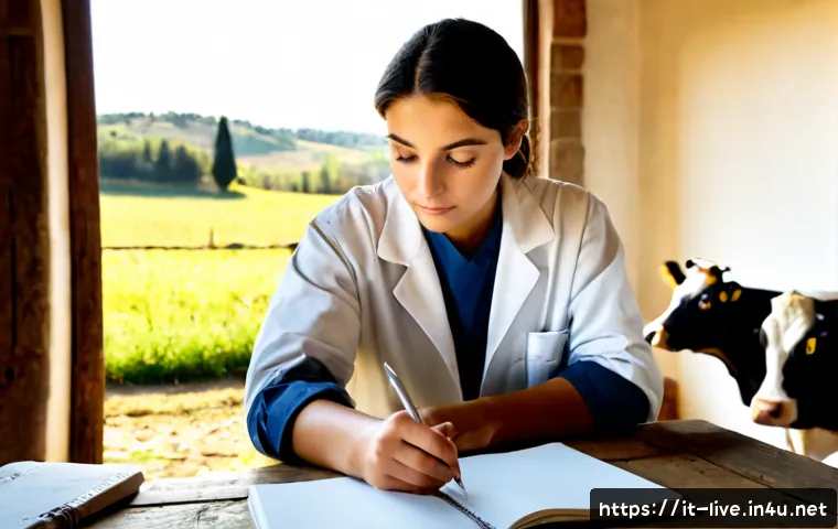 Home 17 축산업 자격증 취득 동기 부여 - Photorealistic Italian agricultural student in clean work clothes studying livestock care materials ...